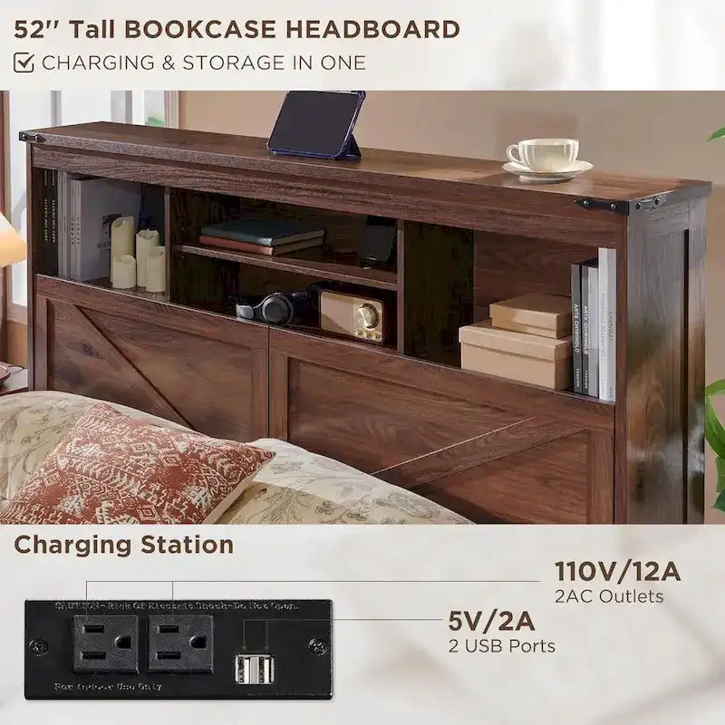 Lit en bois de taille double de style ferme avec tête de lit de rangement et tiroirs