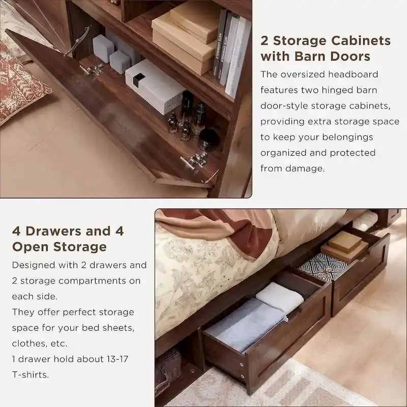 Lit en bois de taille double de style ferme avec tête de lit de rangement et tiroirs