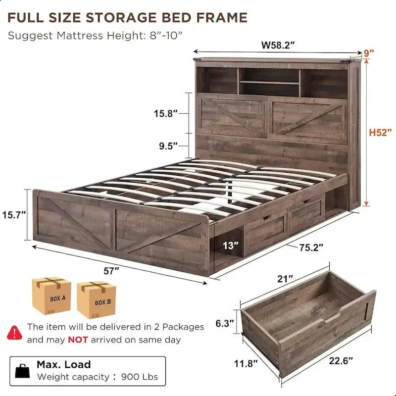 Lit en bois de taille double de style ferme avec tête de lit de rangement et tiroirs