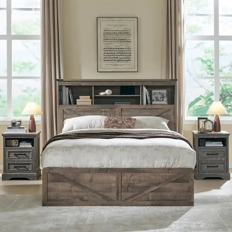Lit en bois de taille double de style ferme avec tête de lit de rangement et tiroirs