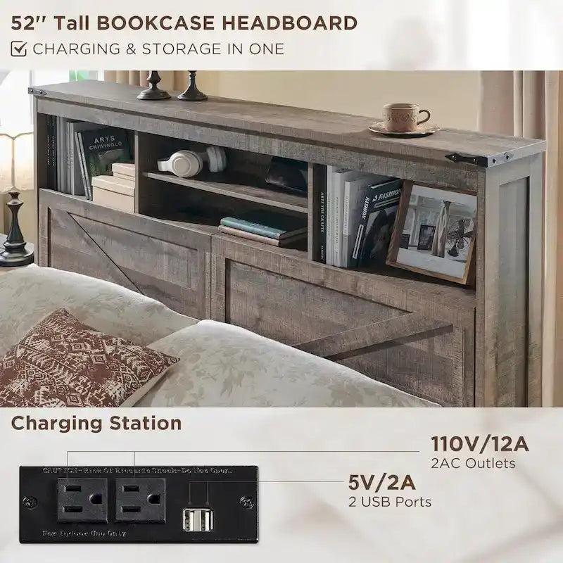 Lit en bois de taille double de style ferme avec tête de lit de rangement et tiroirs