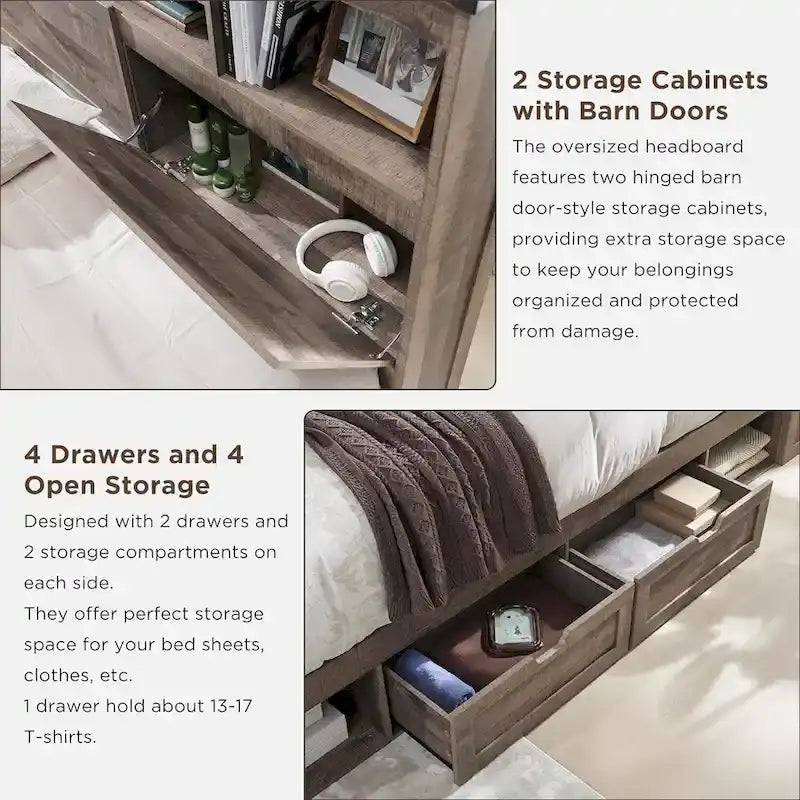 Lit en bois de taille double de style ferme avec tête de lit de rangement et tiroirs
