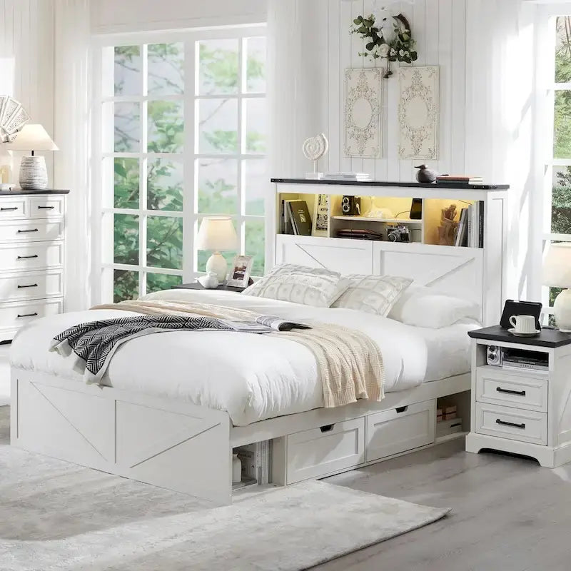 Lit en bois de taille double de style ferme avec tête de lit de rangement et tiroirs