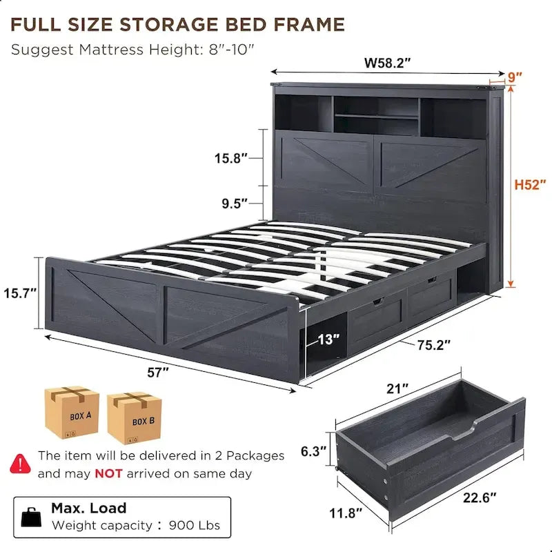 Lit en bois de taille double de style ferme avec tête de lit de rangement et tiroirs