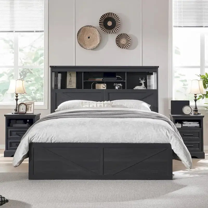 Lit en bois de taille double de style ferme avec tête de lit de rangement et tiroirs