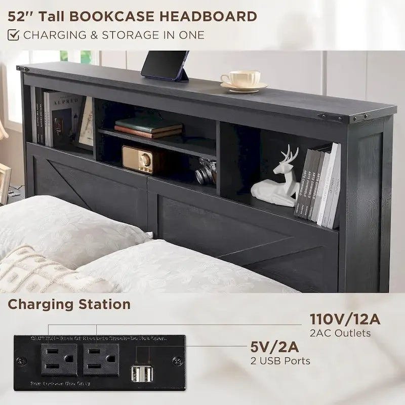Lit en bois de taille double de style ferme avec tête de lit de rangement et tiroirs