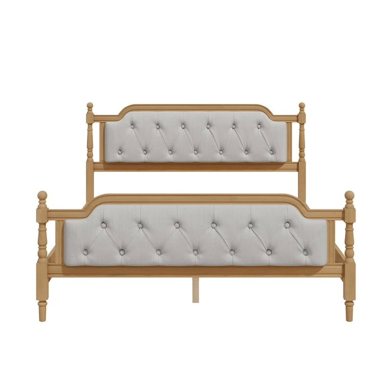 Lit plateforme Queen en bois avec tête de lit capitonnée et design artisanal