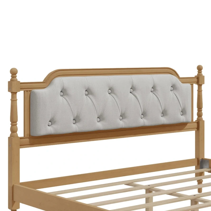 Lit plateforme Queen en bois avec tête de lit capitonnée et design artisanal