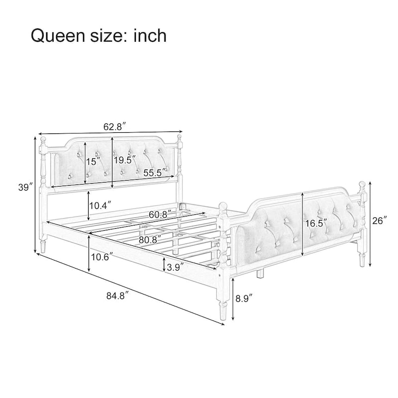 Lit plateforme Queen en bois avec tête de lit capitonnée et design artisanal