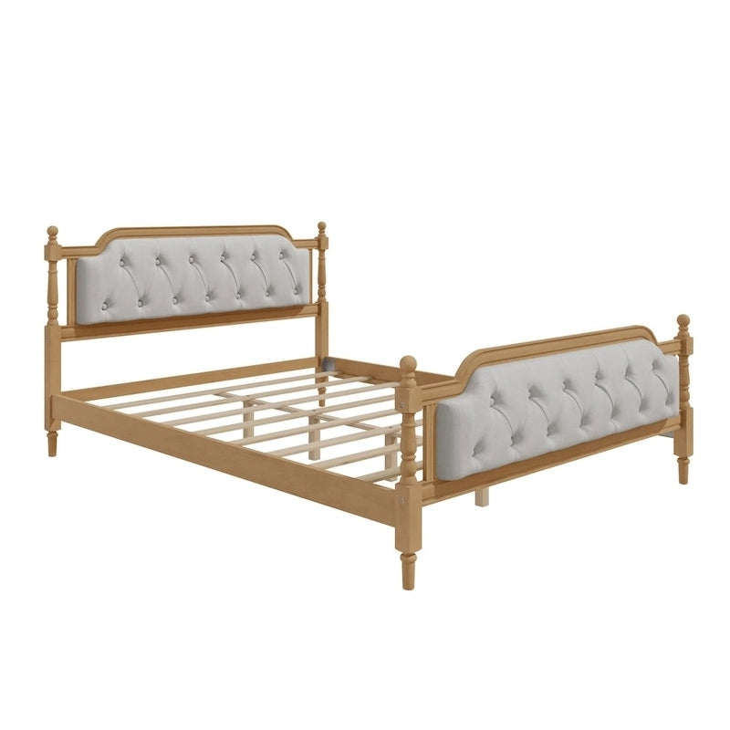 Lit plateforme Queen en bois avec tête de lit capitonnée et design artisanal