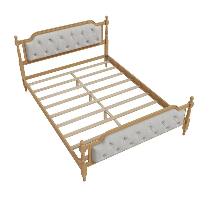 Lit plateforme Queen en bois avec tête de lit capitonnée et design artisanal