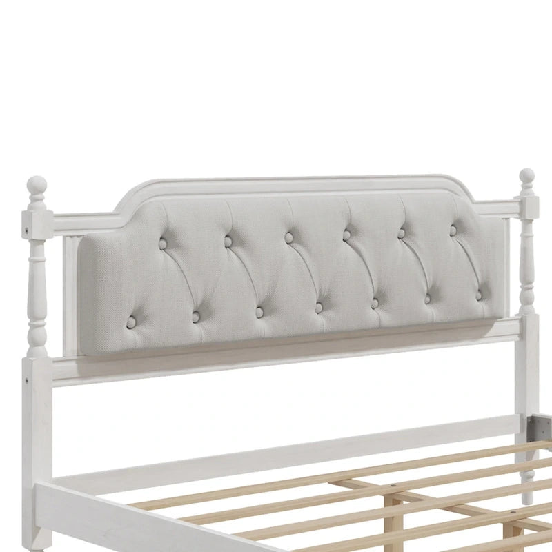 Lit plateforme Queen en bois avec tête de lit capitonnée et design artisanal