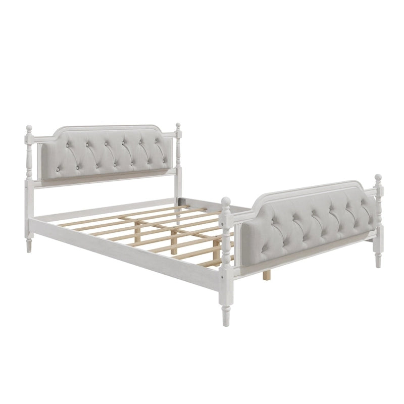 Lit plateforme Queen en bois avec tête de lit capitonnée et design artisanal