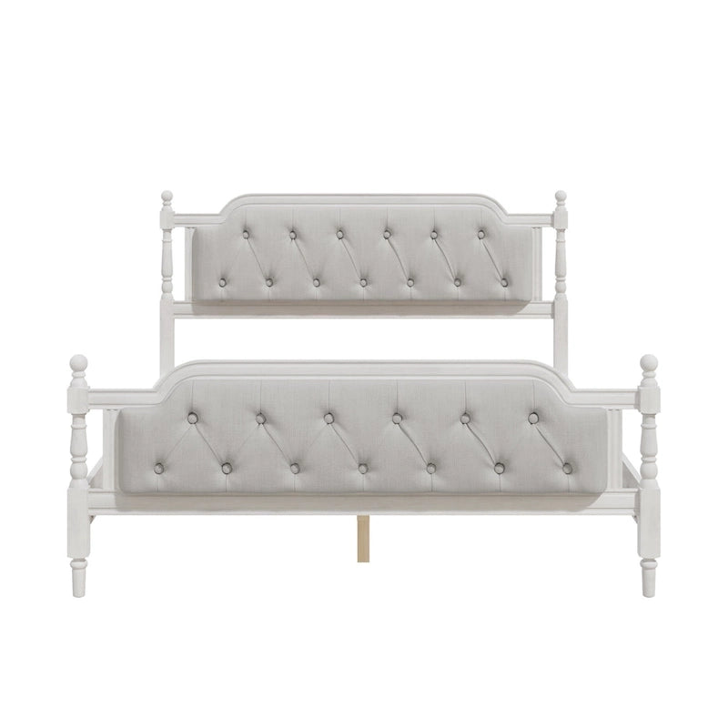 Lit plateforme Queen en bois avec tête de lit capitonnée et design artisanal