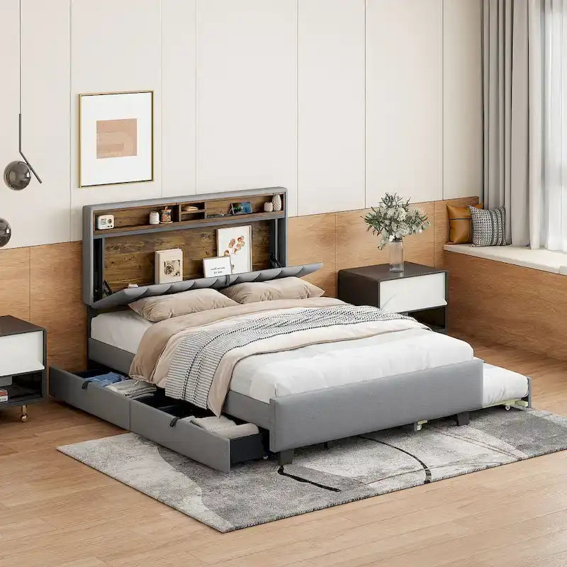 Lit plateforme rembourré Queen avec tête de lit de rangement, lit gigogne Twin XL et 2 tiroirs et ports USB, tissu lin, gris