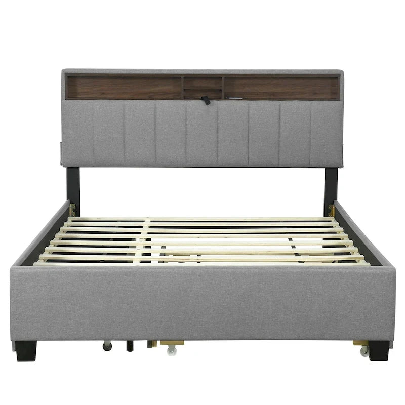 Lit plateforme rembourré Queen avec tête de lit de rangement, lit gigogne Twin XL et 2 tiroirs et ports USB, tissu lin, gris