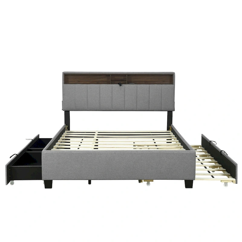 Lit plateforme rembourré Queen avec tête de lit de rangement, lit gigogne Twin XL et 2 tiroirs et ports USB, tissu lin, gris