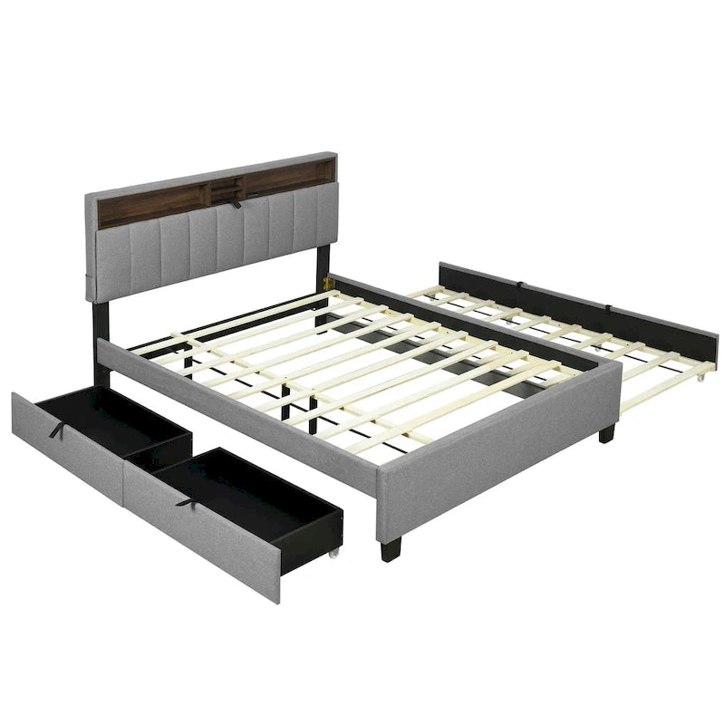 Lit plateforme rembourré Queen avec tête de lit de rangement, lit gigogne Twin XL et 2 tiroirs et ports USB, tissu lin, gris
