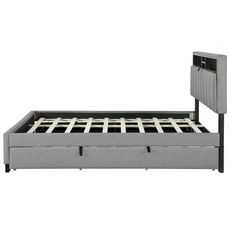 Lit plateforme rembourré Queen avec tête de lit de rangement, lit gigogne Twin XL et 2 tiroirs et ports USB, tissu lin, gris