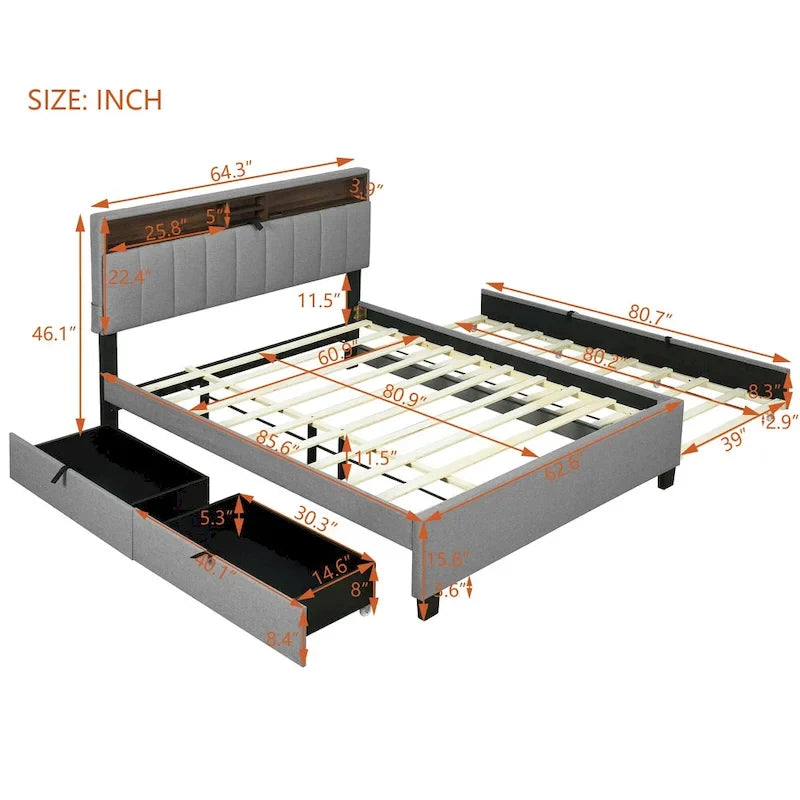 Lit plateforme rembourré Queen avec tête de lit de rangement, lit gigogne Twin XL et 2 tiroirs et ports USB, tissu lin, gris