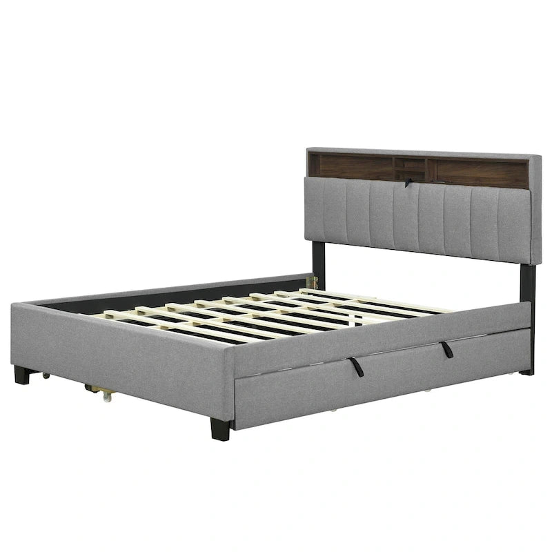 Lit plateforme rembourré Queen avec tête de lit de rangement, lit gigogne Twin XL et 2 tiroirs et ports USB, tissu lin, gris
