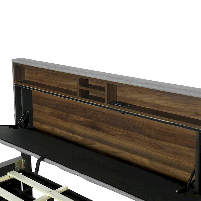 Lit plateforme rembourré Queen avec tête de lit de rangement, lit gigogne Twin XL et 2 tiroirs et ports USB, tissu lin, gris