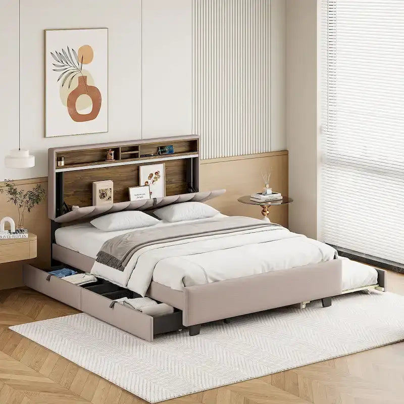 Lit plateforme rembourré Queen avec tête de lit de rangement, lit gigogne Twin XL et 2 tiroirs et ports USB, tissu lin, gris