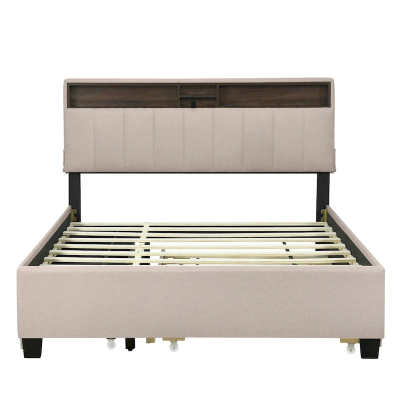Lit plateforme rembourré Queen avec tête de lit de rangement, lit gigogne Twin XL et 2 tiroirs et ports USB, tissu lin, gris