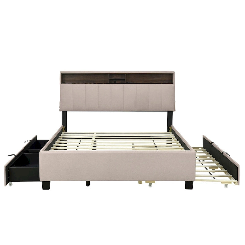 Lit plateforme rembourré Queen avec tête de lit de rangement, lit gigogne Twin XL et 2 tiroirs et ports USB, tissu lin, gris