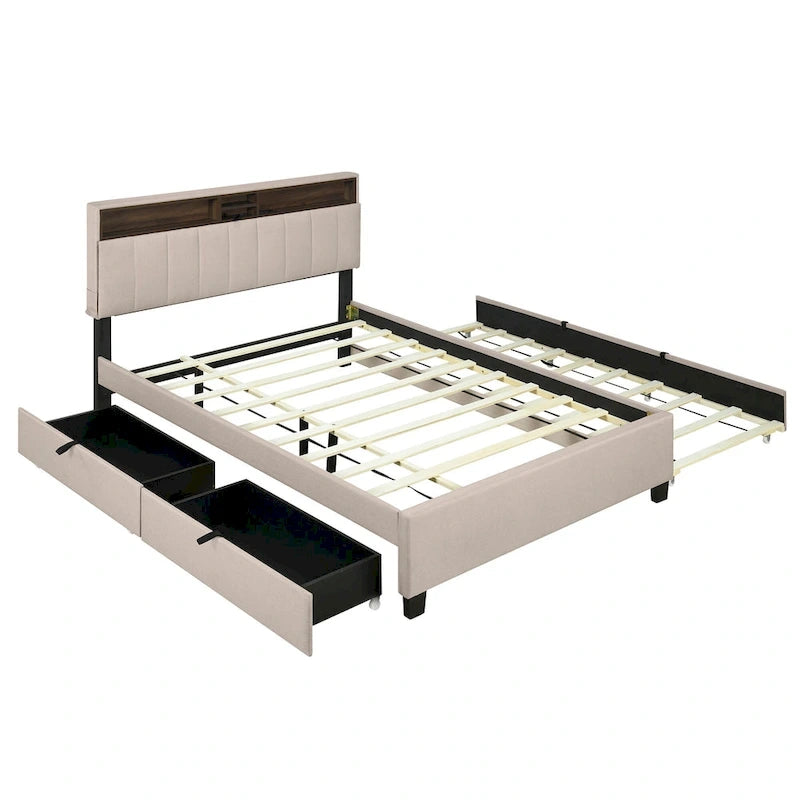 Lit plateforme rembourré Queen avec tête de lit de rangement, lit gigogne Twin XL et 2 tiroirs et ports USB, tissu lin, gris