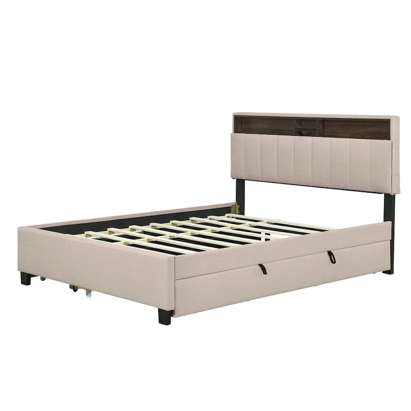 Lit plateforme rembourré Queen avec tête de lit de rangement, lit gigogne Twin XL et 2 tiroirs et ports USB, tissu lin, gris