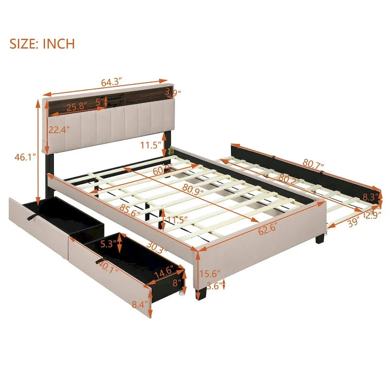 Lit plateforme rembourré Queen avec tête de lit de rangement, lit gigogne Twin XL et 2 tiroirs et ports USB, tissu lin, gris