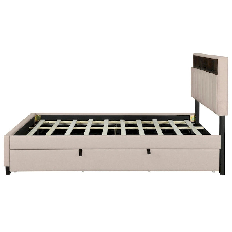 Lit plateforme rembourré Queen avec tête de lit de rangement, lit gigogne Twin XL et 2 tiroirs et ports USB, tissu lin, gris