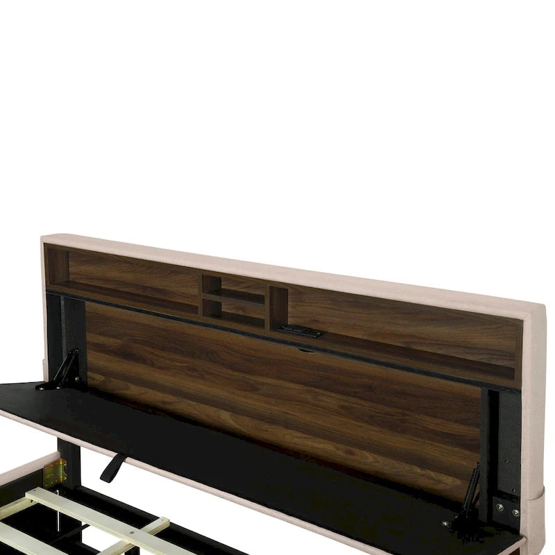 Lit plateforme rembourré Queen avec tête de lit de rangement, lit gigogne Twin XL et 2 tiroirs et ports USB, tissu lin, gris
