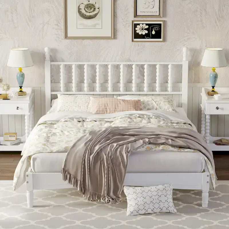 Lit plateforme en bois style rétro avec tête de lit en forme de gourde, Queen Size