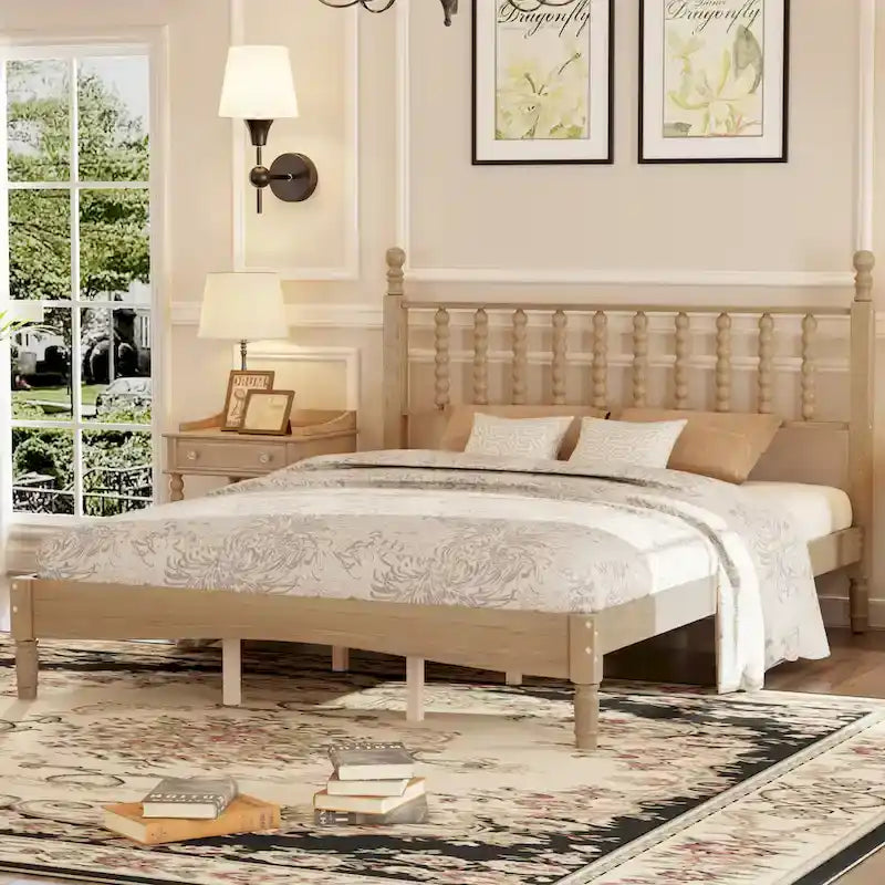 Lit plateforme en bois style rétro avec tête de lit en forme de gourde, Queen Size