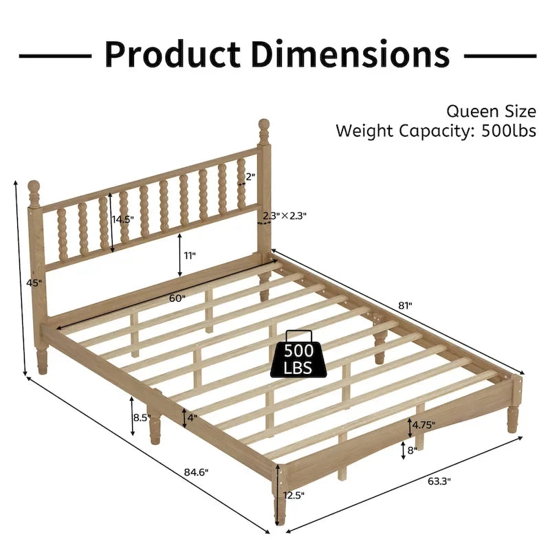 Lit plateforme en bois style rétro avec tête de lit en forme de gourde, Queen Size