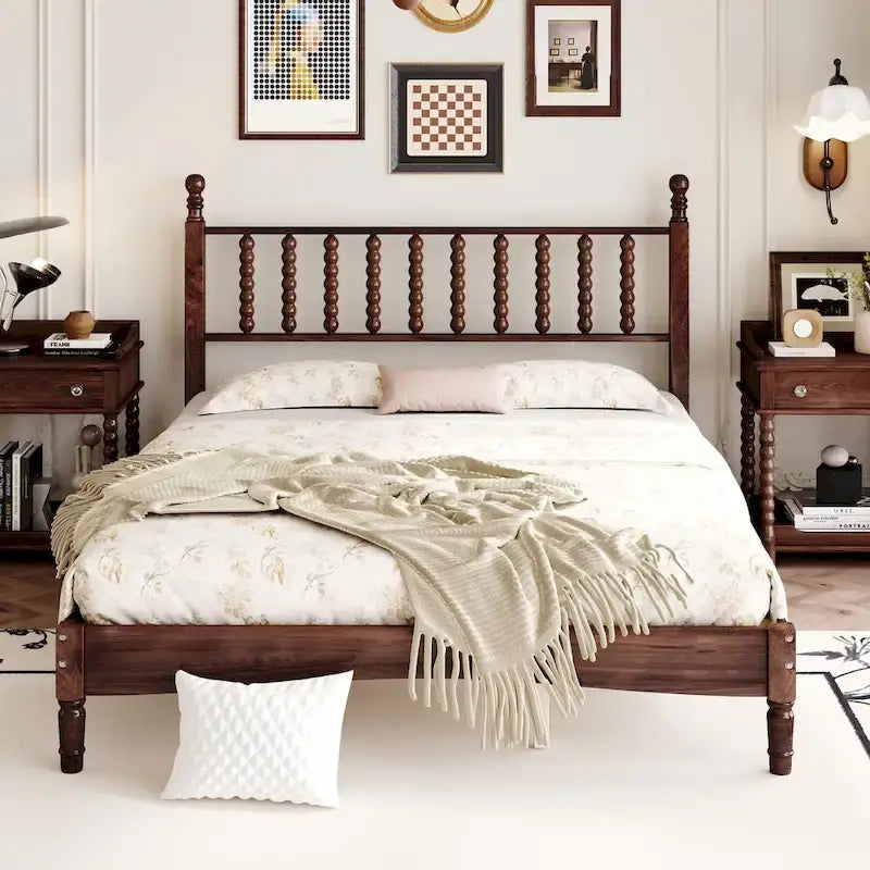 Lit plateforme en bois style rétro avec tête de lit en forme de gourde, Queen Size