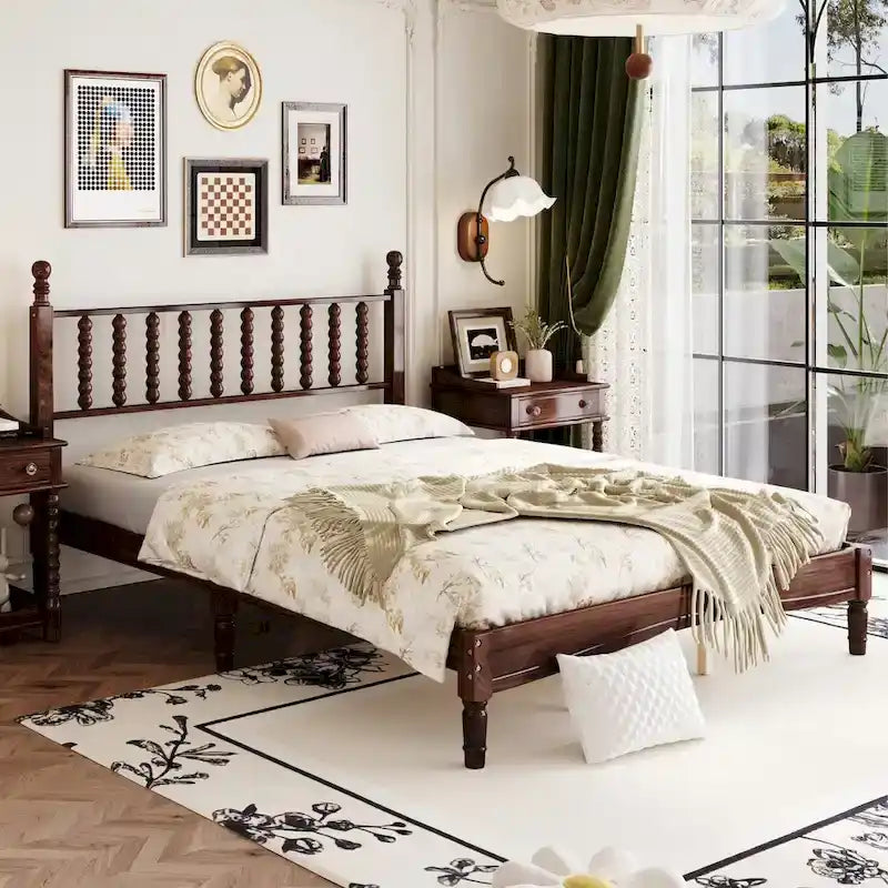Lit plateforme en bois style rétro avec tête de lit en forme de gourde, Queen Size