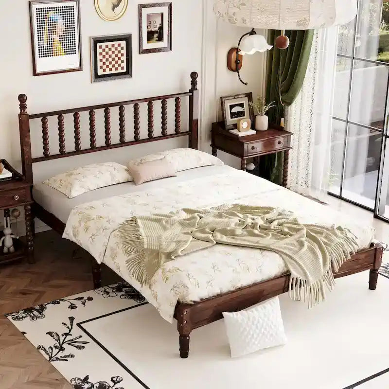 Lit plateforme en bois style rétro avec tête de lit en forme de gourde, Queen Size