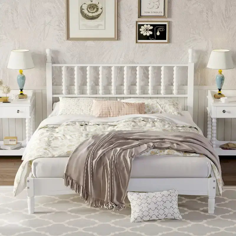 Lit plateforme en bois style rétro avec tête de lit en forme de gourde, Queen Size