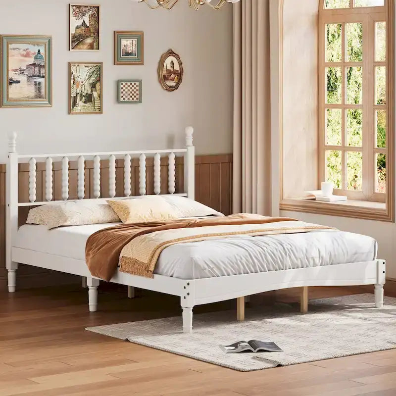Lit plateforme en bois style rétro avec tête de lit en forme de gourde, Queen Size