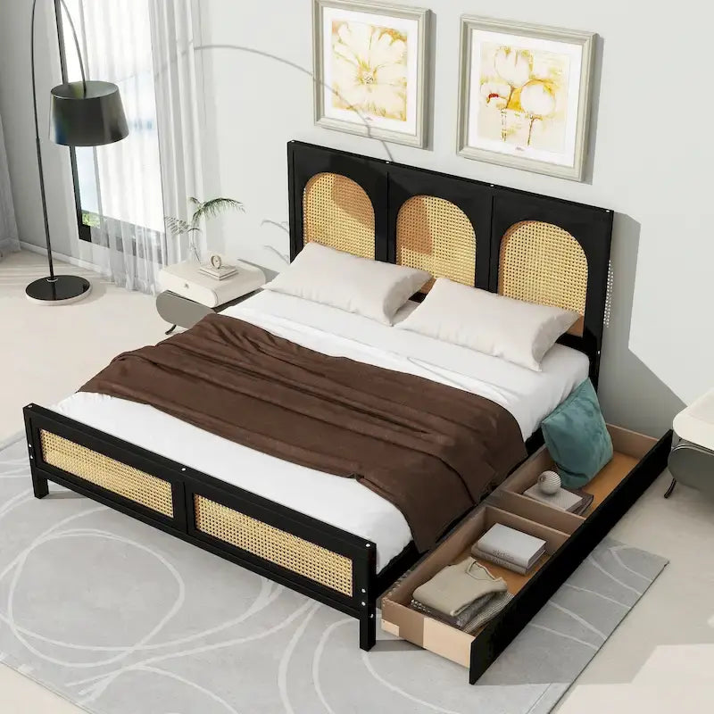 Lit plateforme de rangement Queen Size en bois avec 2 tiroirs, tête et pied de lit en rotin, noir
