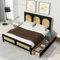 Lit plateforme de rangement Queen Size en bois avec 2 tiroirs, tête et pied de lit en rotin, noir