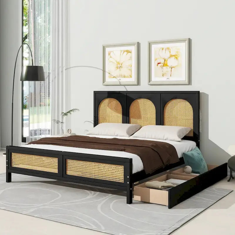 Lit plateforme de rangement Queen Size en bois avec 2 tiroirs, tête et pied de lit en rotin, noir