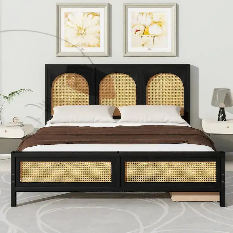 Lit plateforme de rangement Queen Size en bois avec 2 tiroirs, tête et pied de lit en rotin, noir