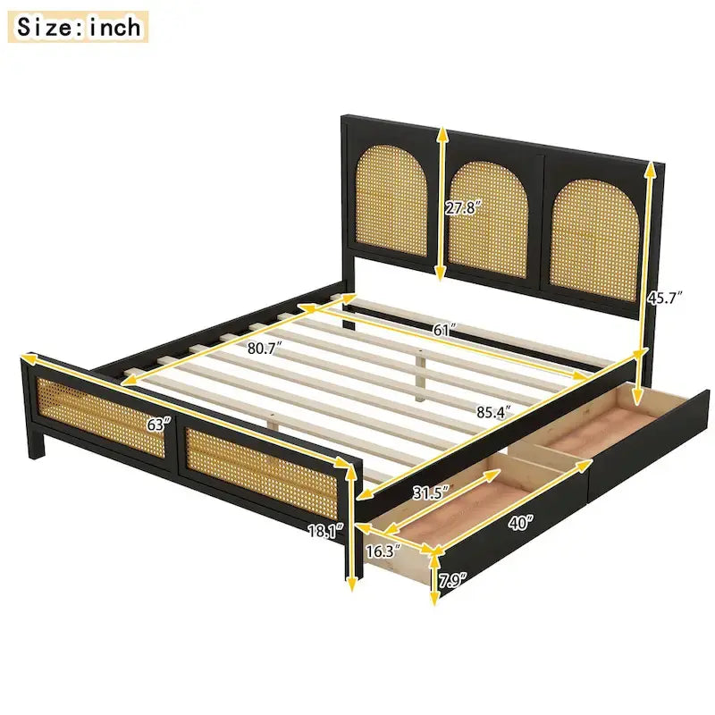 Lit plateforme de rangement Queen Size en bois avec 2 tiroirs, tête et pied de lit en rotin, noir