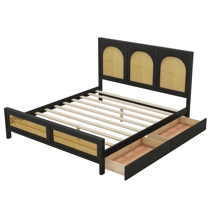 Lit plateforme de rangement Queen Size en bois avec 2 tiroirs, tête et pied de lit en rotin, noir