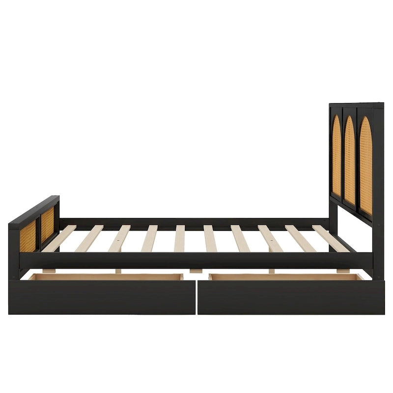 Lit plateforme de rangement Queen Size en bois avec 2 tiroirs, tête et pied de lit en rotin, noir