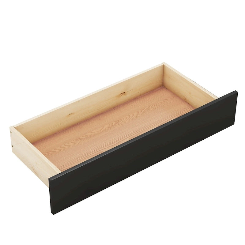 Lit plateforme de rangement Queen Size en bois avec 2 tiroirs, tête et pied de lit en rotin, noir